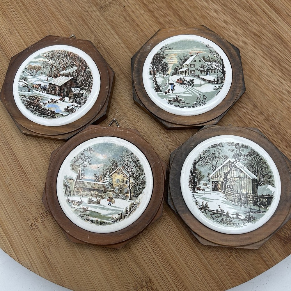 VINTAGE Currier Ives 4 Wooden‎ Plaques Winter Homestead Scenes Nostalgia MCM